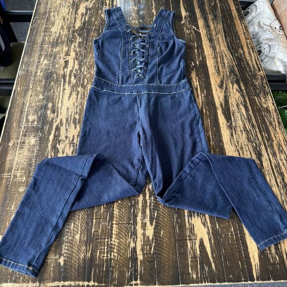 mebon Other - MEBON - Blue Denim Lace-Up Stretch Fitted Jumpsuit - MEDIUM